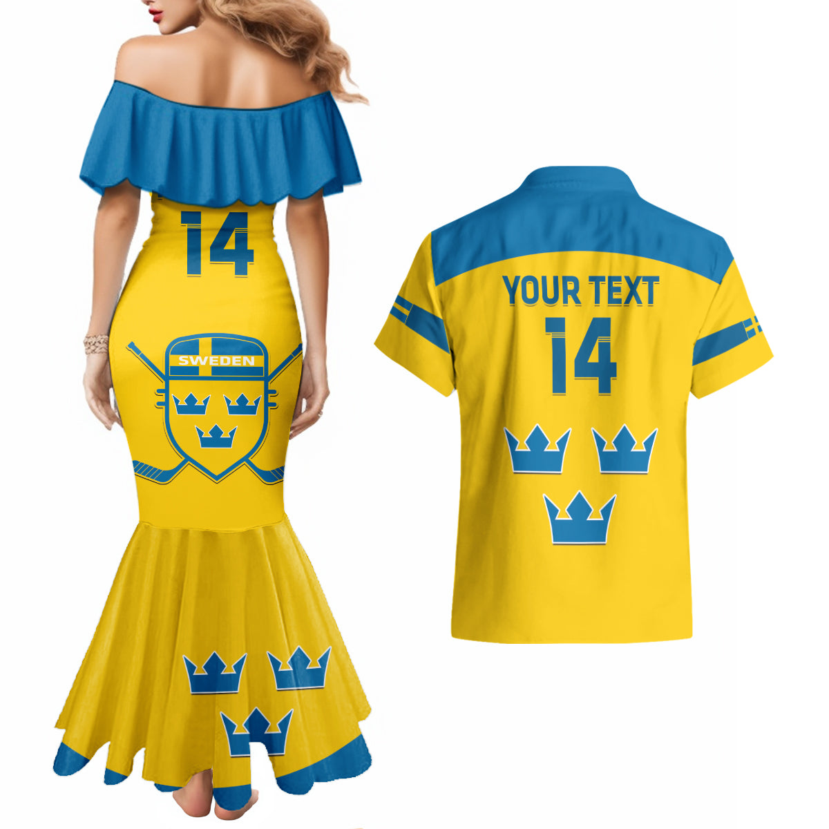 Custom Sweden Hockey Couples Matching Mermaid Dress and Hawaiian Shirt 2024 Go Swedish - Wonder Print Shop