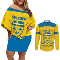 Custom Sweden Hockey Couples Matching Off Shoulder Short Dress and Long Sleeve Button Shirt 2024 Go Swedish - Wonder Print Shop