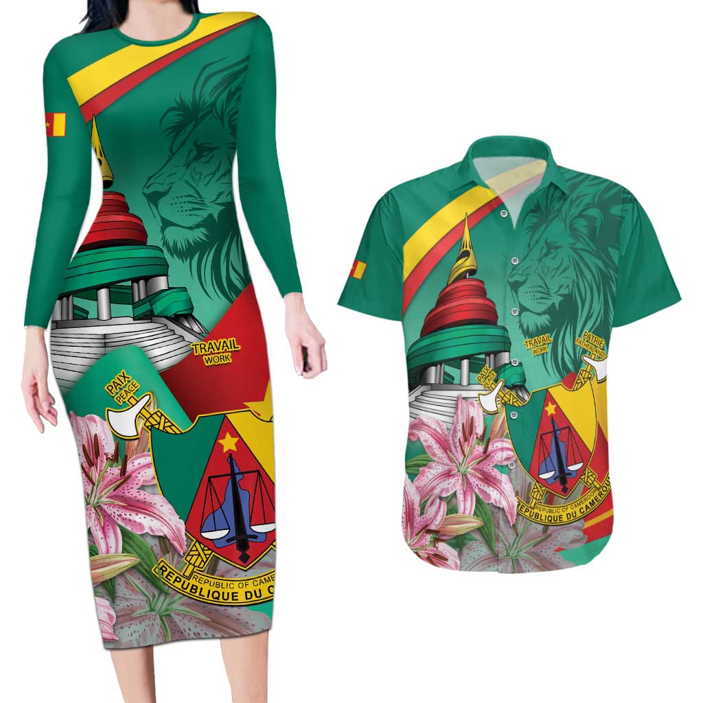 Cameroon National Day Couples Matching Long Sleeve Bodycon Dress and Hawaiian Shirt Cameroun Reunification Monument Lily Flowers