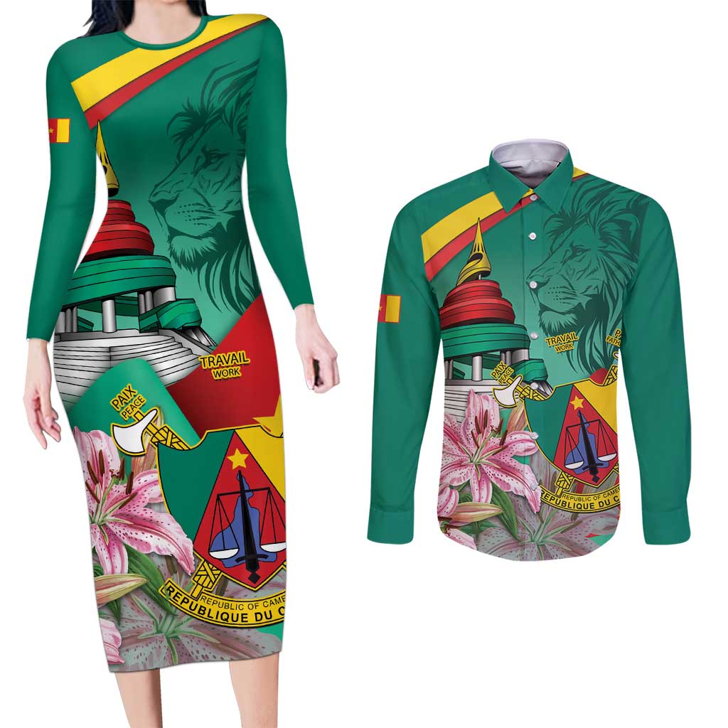 Cameroon National Day Couples Matching Long Sleeve Bodycon Dress and Long Sleeve Button Shirt Cameroun Reunification Monument Lily Flowers
