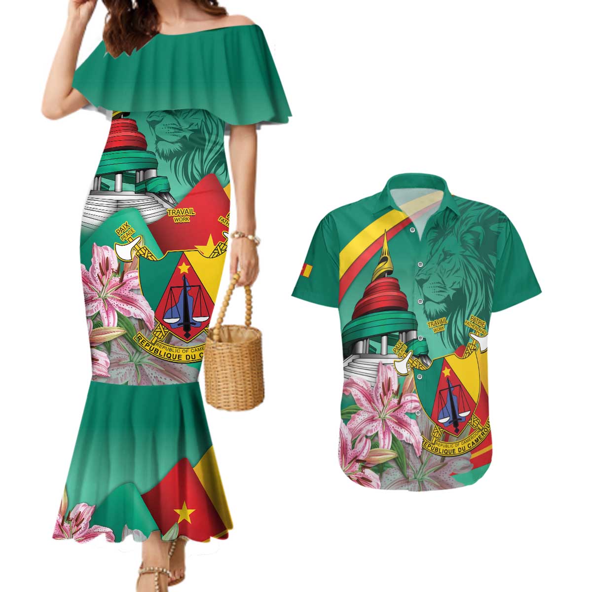 Cameroon National Day Couples Matching Mermaid Dress and Hawaiian Shirt Cameroun Reunification Monument Lily Flowers