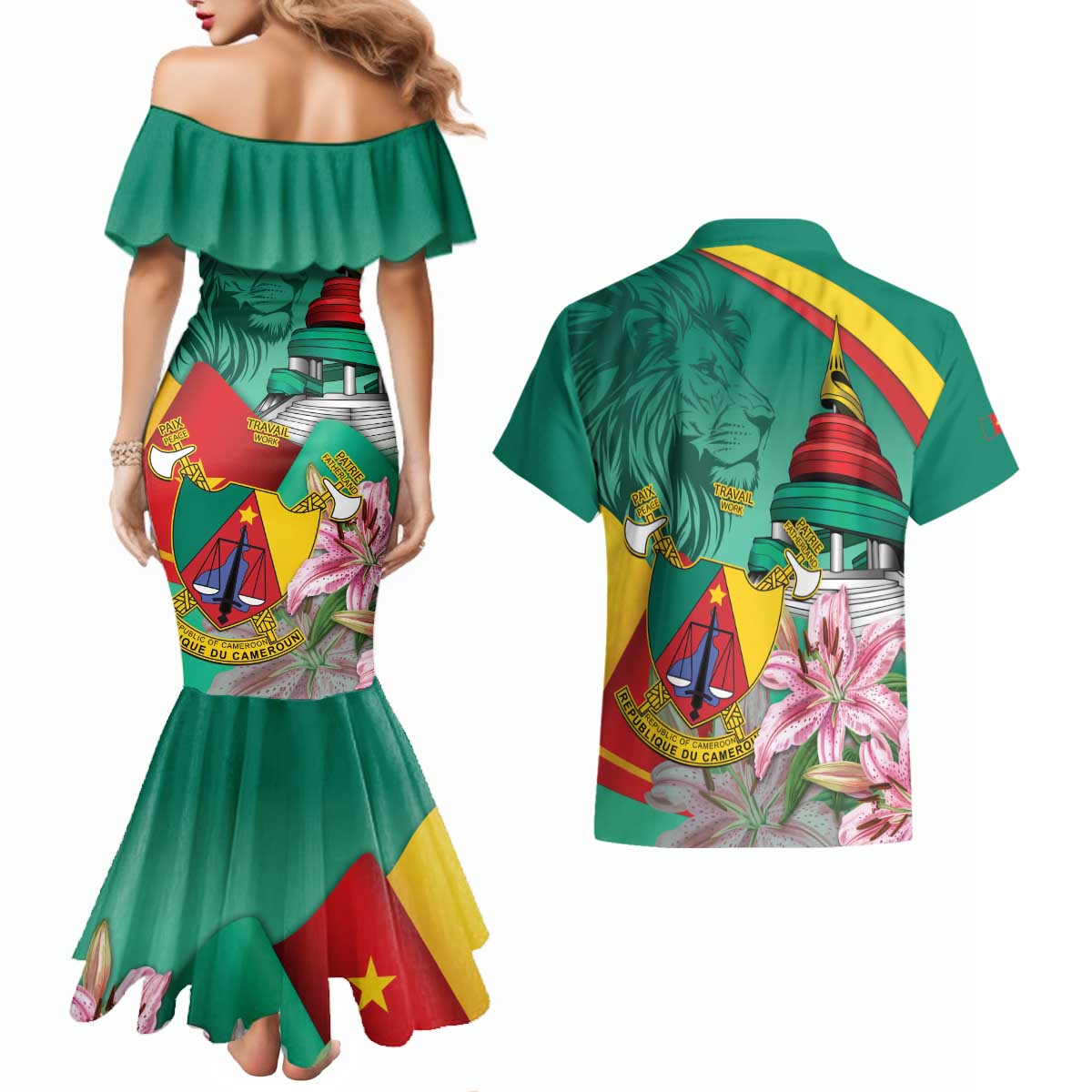 Cameroon National Day Couples Matching Mermaid Dress and Hawaiian Shirt Cameroun Reunification Monument Lily Flowers