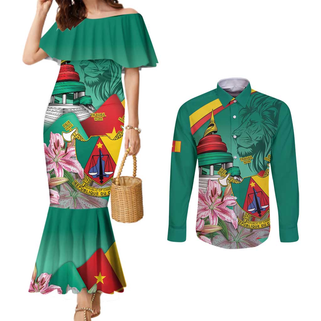 Cameroon National Day Couples Matching Mermaid Dress and Long Sleeve Button Shirt Cameroun Reunification Monument Lily Flowers