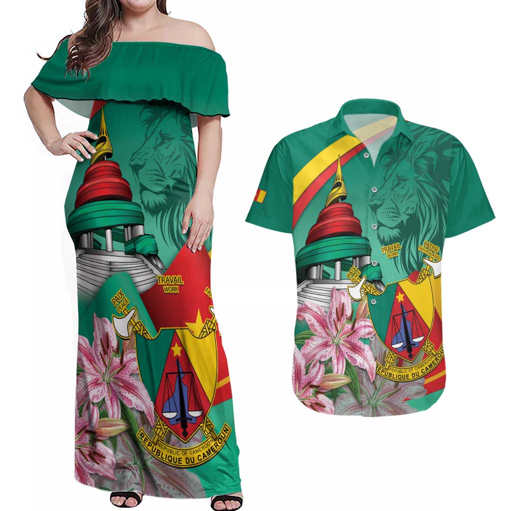 Cameroon National Day Couples Matching Off Shoulder Maxi Dress and Hawaiian Shirt Cameroun Reunification Monument Lily Flowers