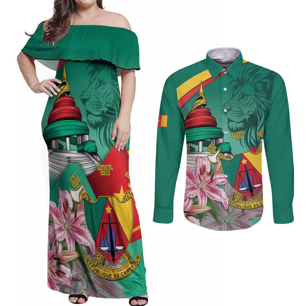 Cameroon National Day Couples Matching Off Shoulder Maxi Dress and Long Sleeve Button Shirt Cameroun Reunification Monument Lily Flowers