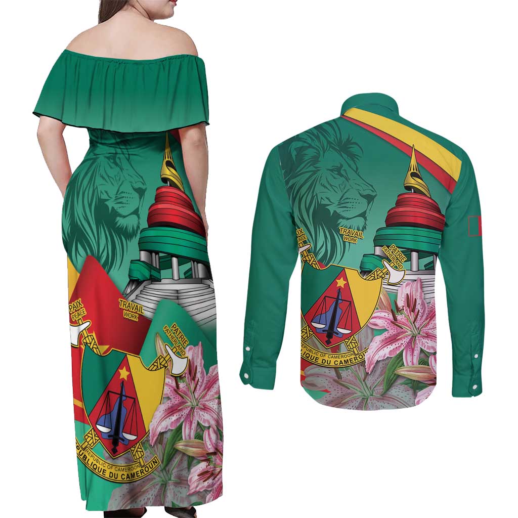 Cameroon National Day Couples Matching Off Shoulder Maxi Dress and Long Sleeve Button Shirt Cameroun Reunification Monument Lily Flowers