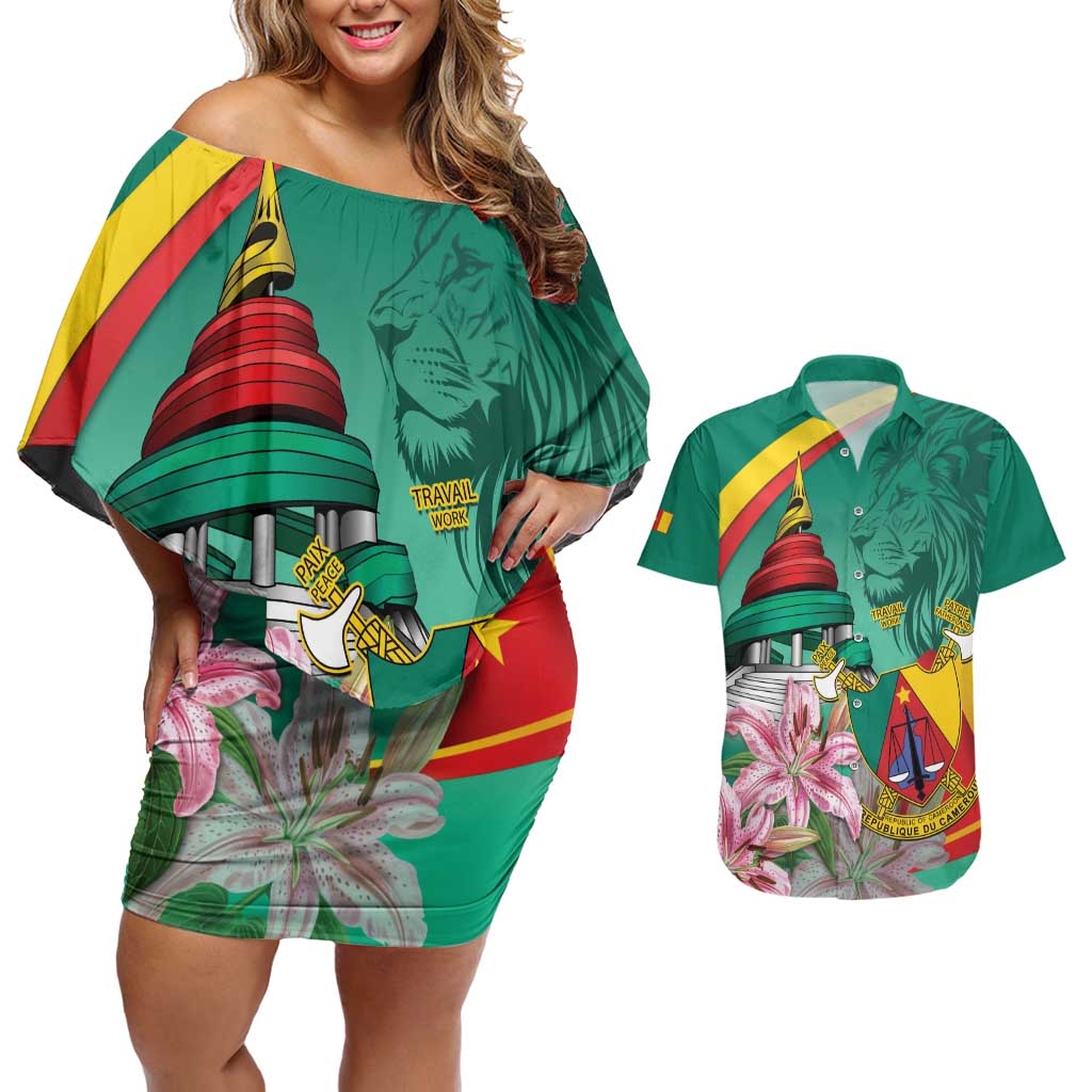 Cameroon National Day Couples Matching Off Shoulder Short Dress and Hawaiian Shirt Cameroun Reunification Monument Lily Flowers