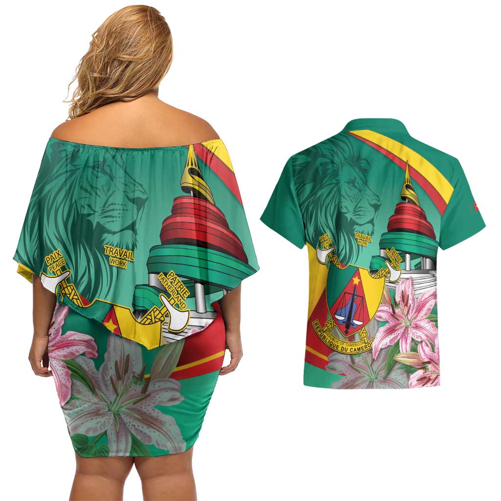 Cameroon National Day Couples Matching Off Shoulder Short Dress and Hawaiian Shirt Cameroun Reunification Monument Lily Flowers