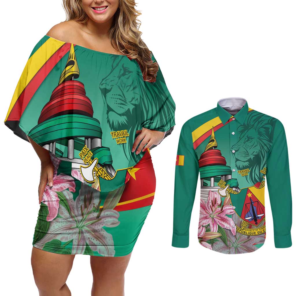 Cameroon National Day Couples Matching Off Shoulder Short Dress and Long Sleeve Button Shirt Cameroun Reunification Monument Lily Flowers