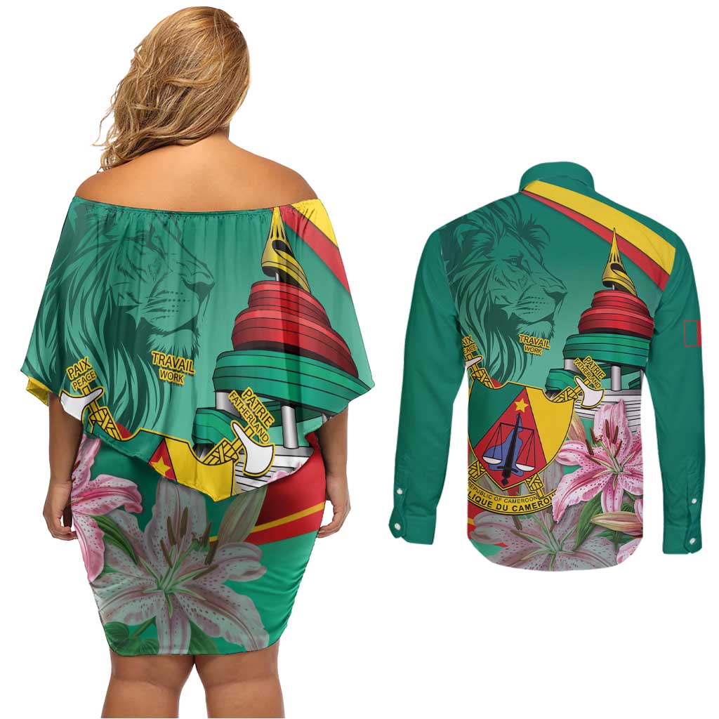 Cameroon National Day Couples Matching Off Shoulder Short Dress and Long Sleeve Button Shirt Cameroun Reunification Monument Lily Flowers