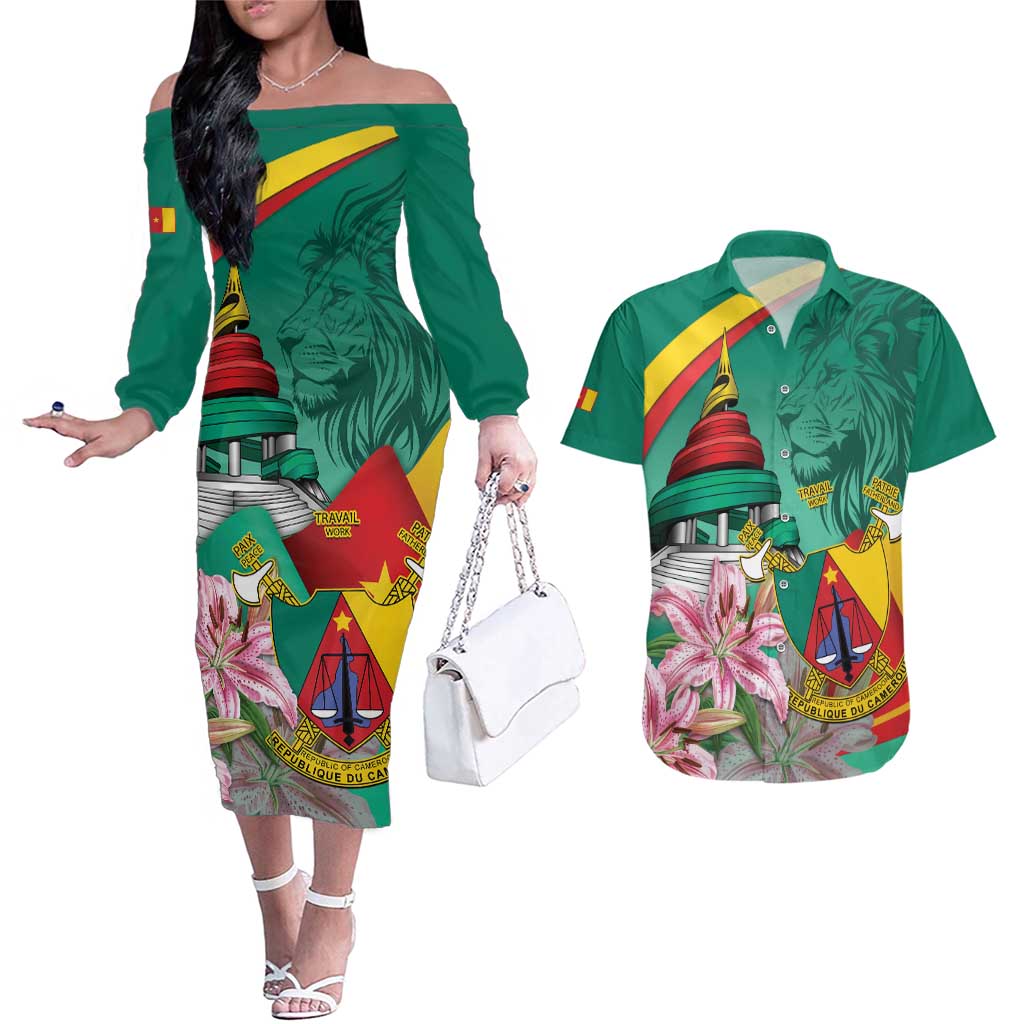 Cameroon National Day Couples Matching Off The Shoulder Long Sleeve Dress and Hawaiian Shirt Cameroun Reunification Monument Lily Flowers