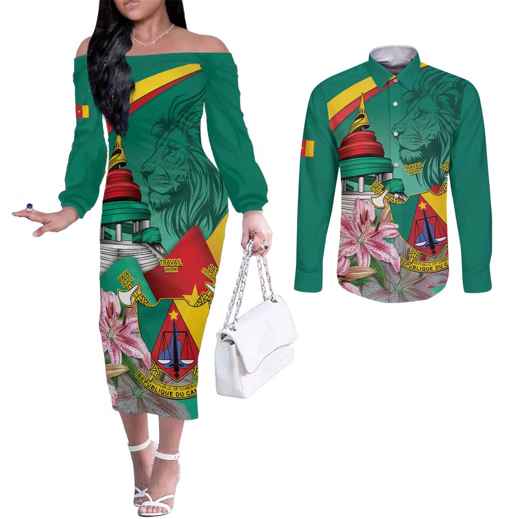 Cameroon National Day Couples Matching Off The Shoulder Long Sleeve Dress and Long Sleeve Button Shirt Cameroun Reunification Monument Lily Flowers