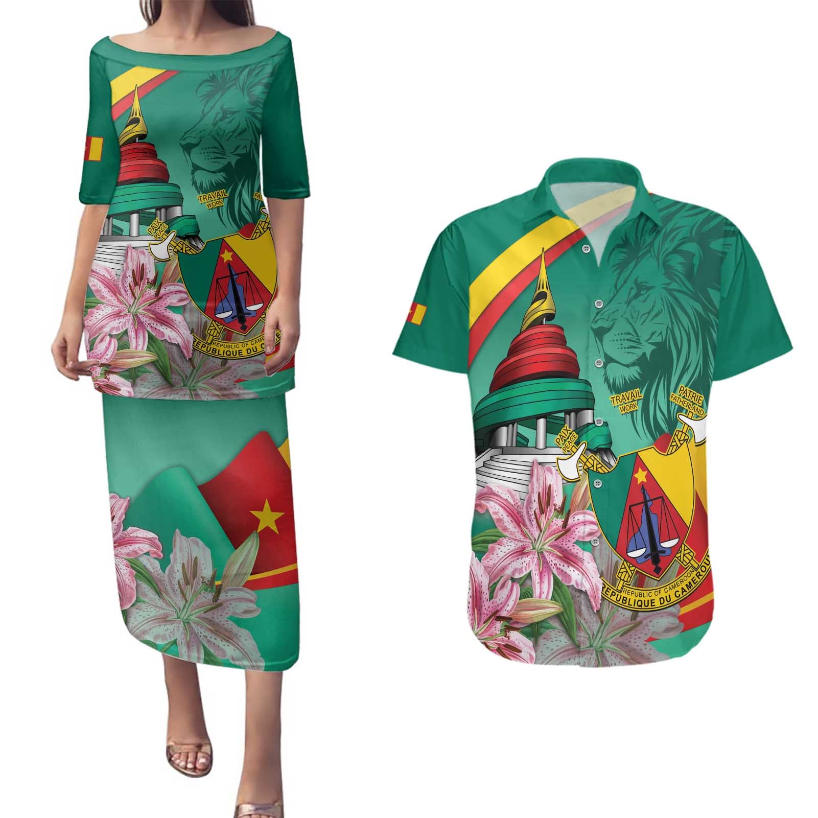 Cameroon National Day Couples Matching Puletasi and Hawaiian Shirt Cameroun Reunification Monument Lily Flowers
