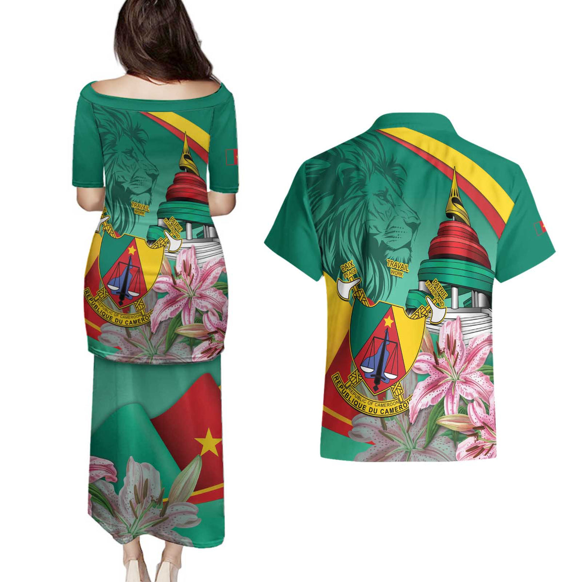 Cameroon National Day Couples Matching Puletasi and Hawaiian Shirt Cameroun Reunification Monument Lily Flowers