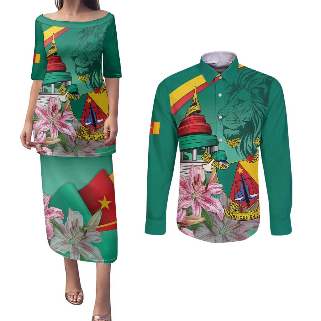 Cameroon National Day Couples Matching Puletasi and Long Sleeve Button Shirt Cameroun Reunification Monument Lily Flowers