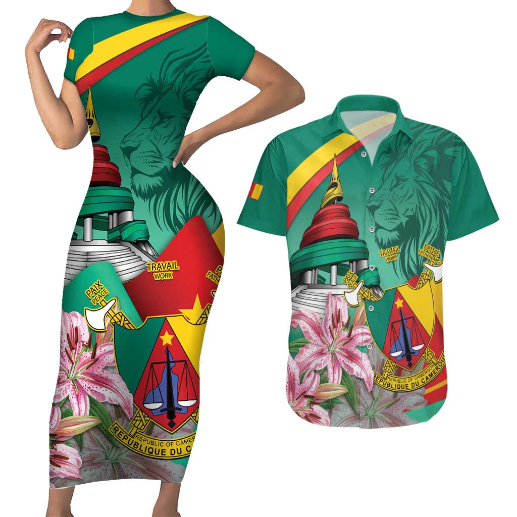 Cameroon National Day Couples Matching Short Sleeve Bodycon Dress and Hawaiian Shirt Cameroun Reunification Monument Lily Flowers