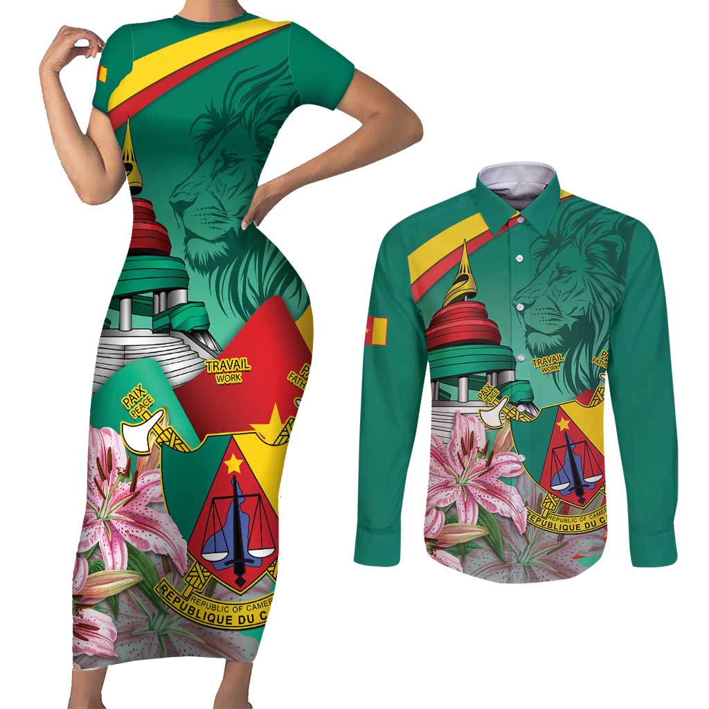 Cameroon National Day Couples Matching Short Sleeve Bodycon Dress and Long Sleeve Button Shirt Cameroun Reunification Monument Lily Flowers