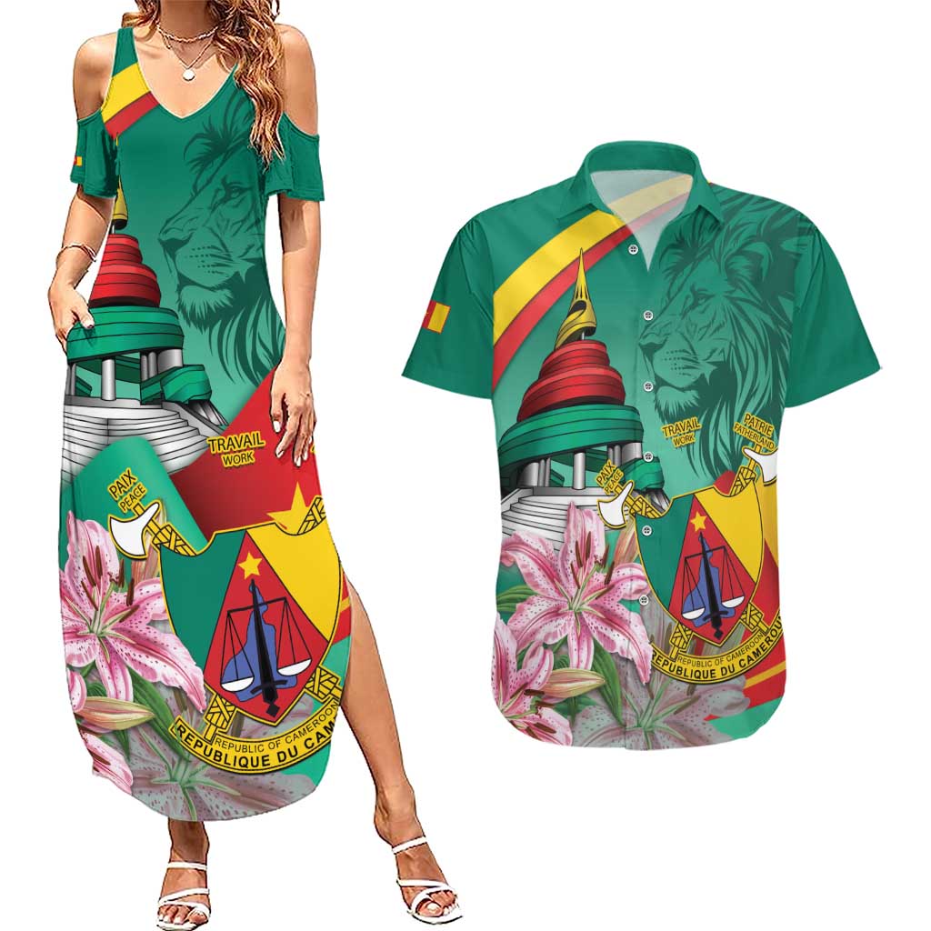 Cameroon National Day Couples Matching Summer Maxi Dress and Hawaiian Shirt Cameroun Reunification Monument Lily Flowers