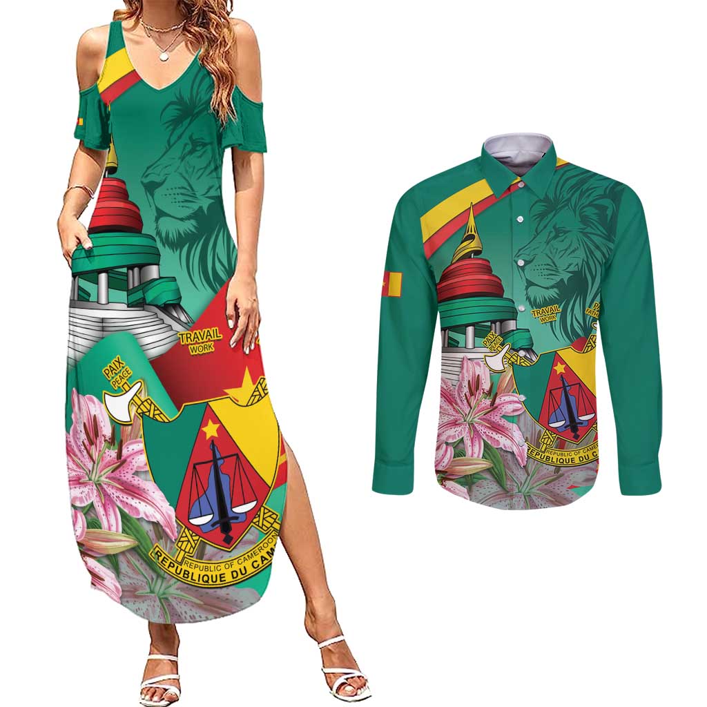 Cameroon National Day Couples Matching Summer Maxi Dress and Long Sleeve Button Shirt Cameroun Reunification Monument Lily Flowers