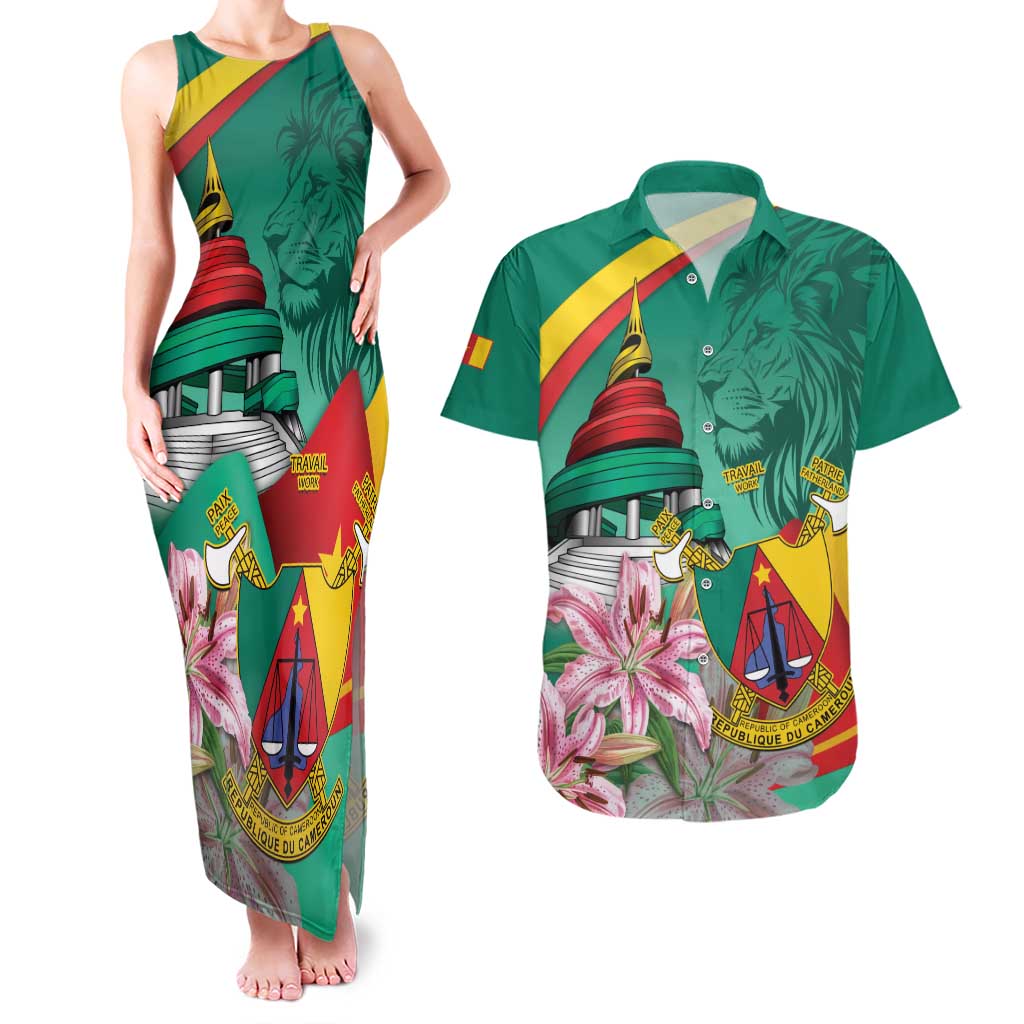 Cameroon National Day Couples Matching Tank Maxi Dress and Hawaiian Shirt Cameroun Reunification Monument Lily Flowers