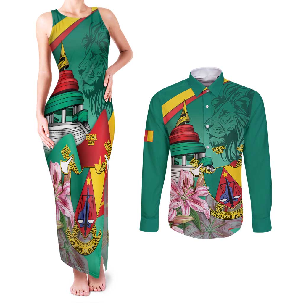 Cameroon National Day Couples Matching Tank Maxi Dress and Long Sleeve Button Shirt Cameroun Reunification Monument Lily Flowers