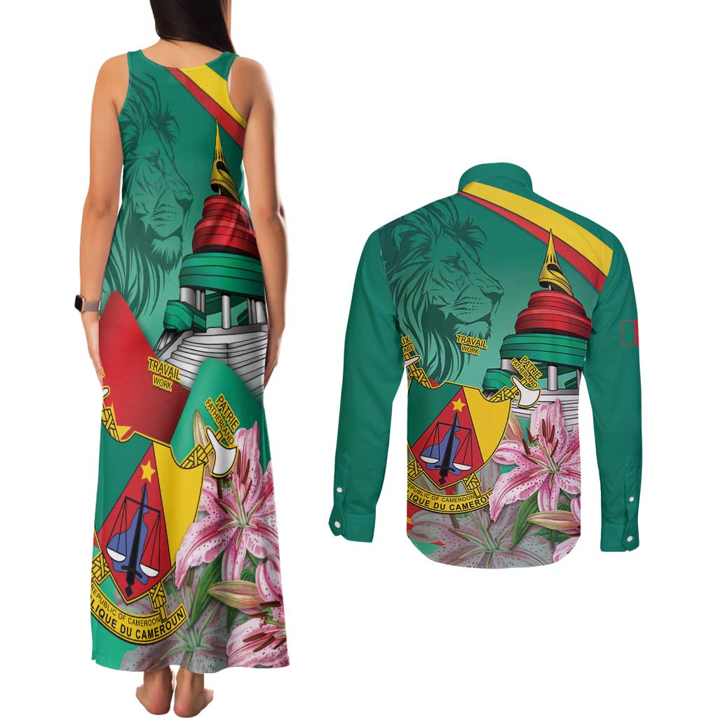 Cameroon National Day Couples Matching Tank Maxi Dress and Long Sleeve Button Shirt Cameroun Reunification Monument Lily Flowers