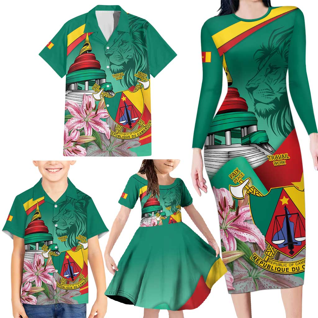 Cameroon National Day Family Matching Long Sleeve Bodycon Dress and Hawaiian Shirt Cameroun Reunification Monument Lily Flowers