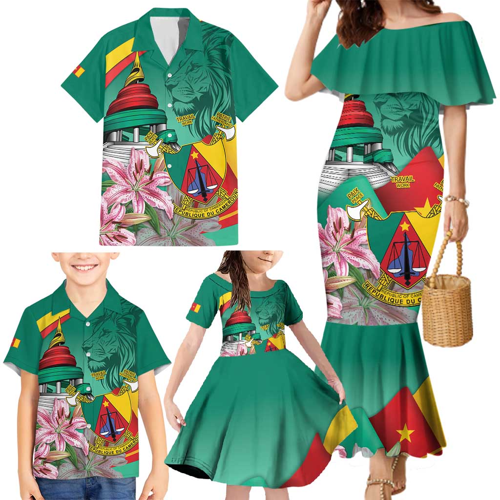 Cameroon National Day Family Matching Mermaid Dress and Hawaiian Shirt Cameroun Reunification Monument Lily Flowers