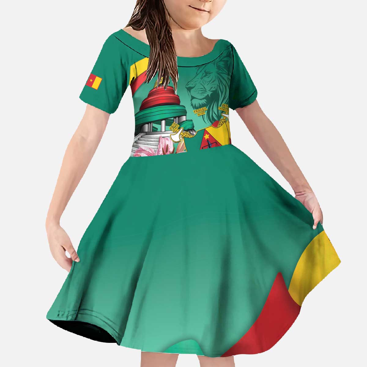 Cameroon National Day Family Matching Off The Shoulder Long Sleeve Dress and Hawaiian Shirt Cameroun Reunification Monument Lily Flowers