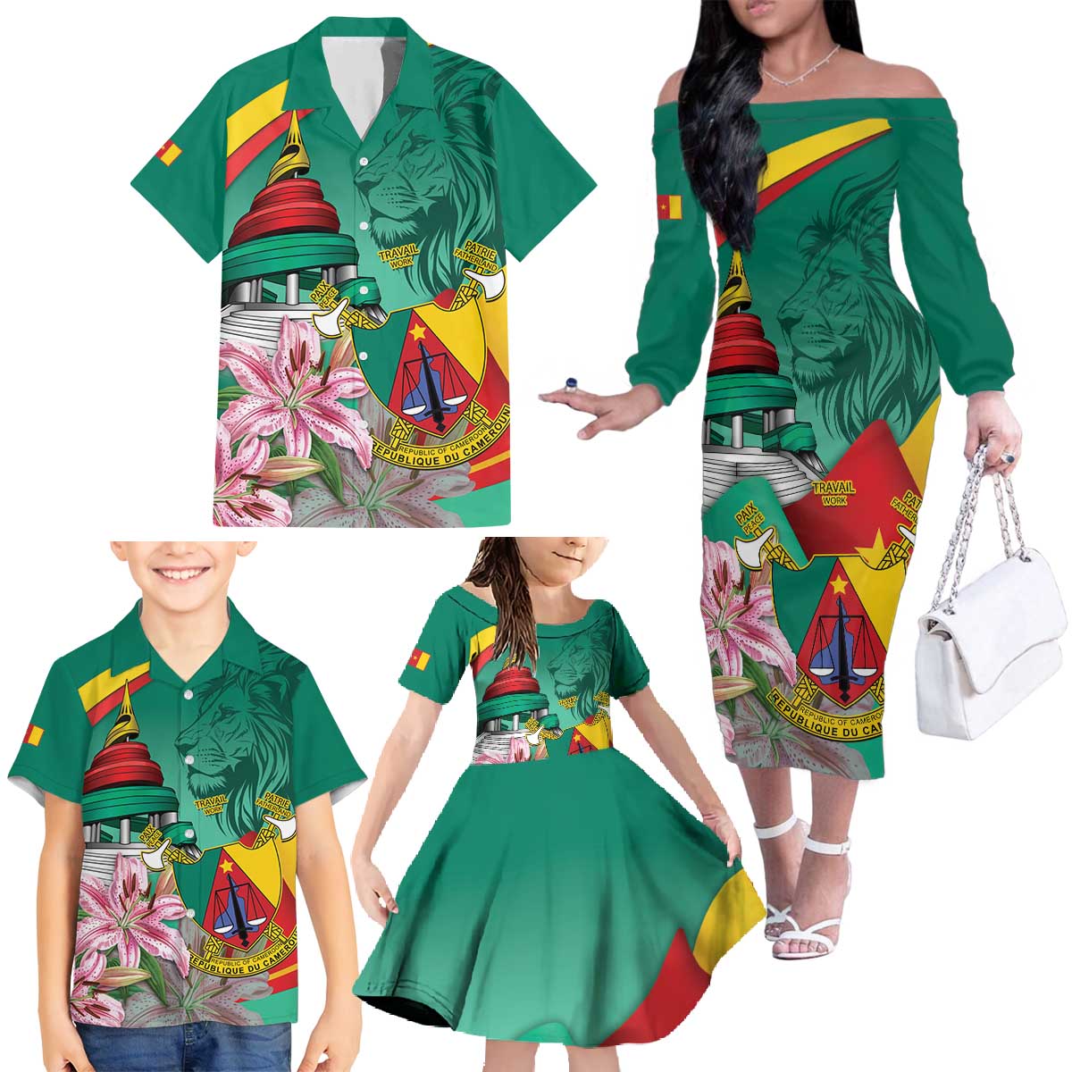 Cameroon National Day Family Matching Off The Shoulder Long Sleeve Dress and Hawaiian Shirt Cameroun Reunification Monument Lily Flowers
