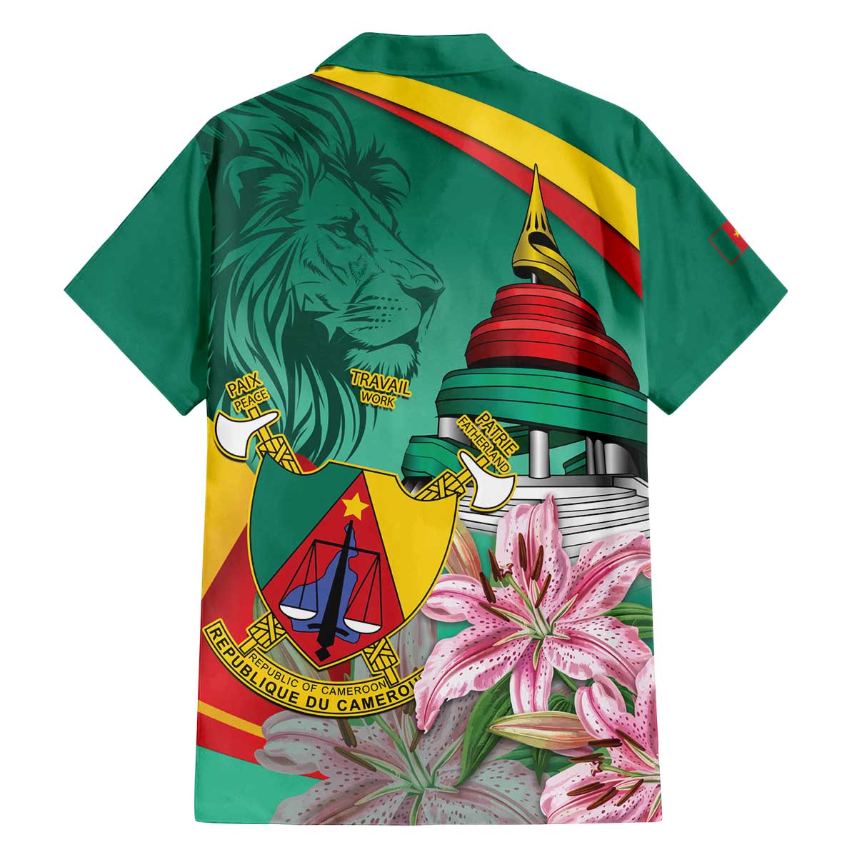 Cameroon National Day Family Matching Off The Shoulder Long Sleeve Dress and Hawaiian Shirt Cameroun Reunification Monument Lily Flowers