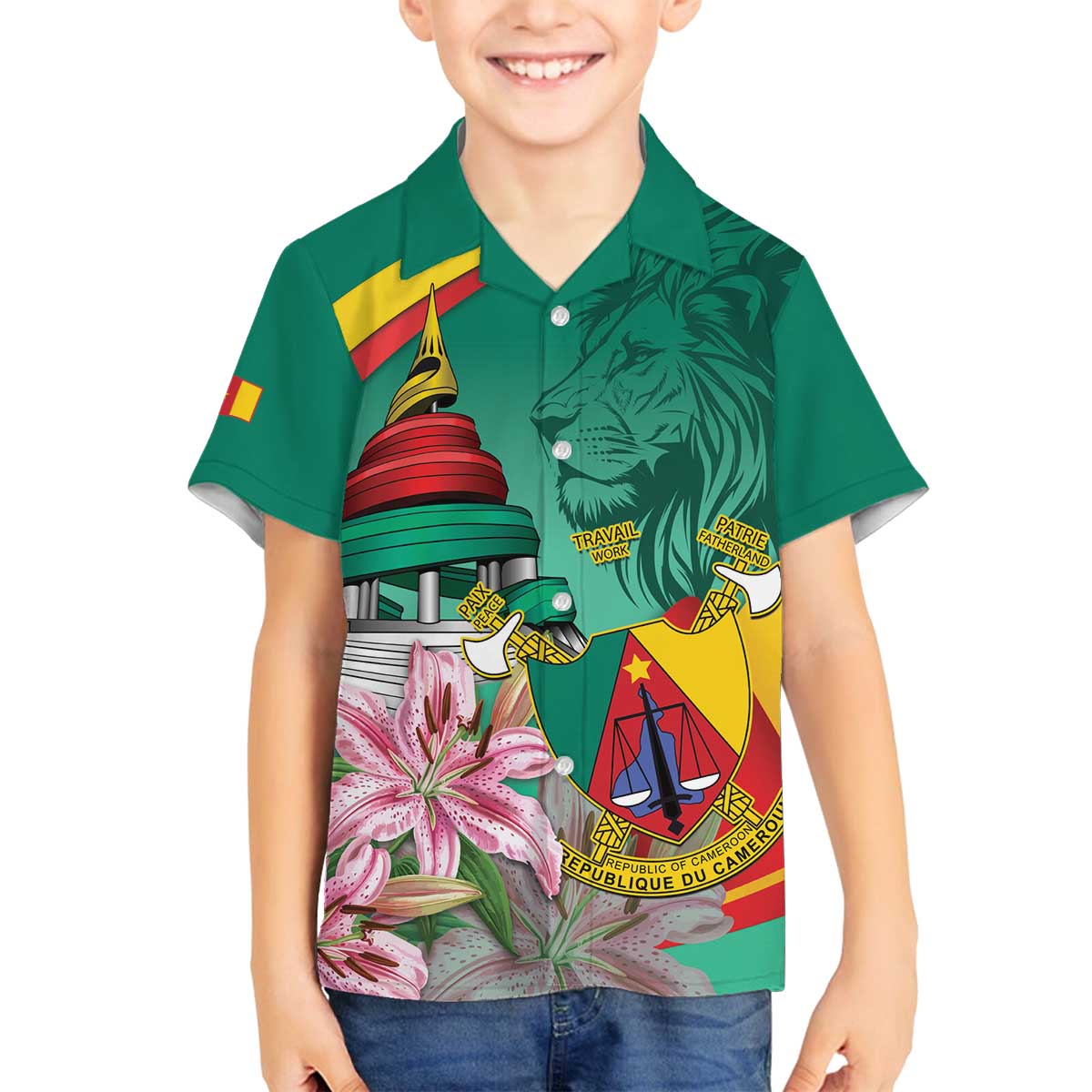 Cameroon National Day Family Matching Off The Shoulder Long Sleeve Dress and Hawaiian Shirt Cameroun Reunification Monument Lily Flowers