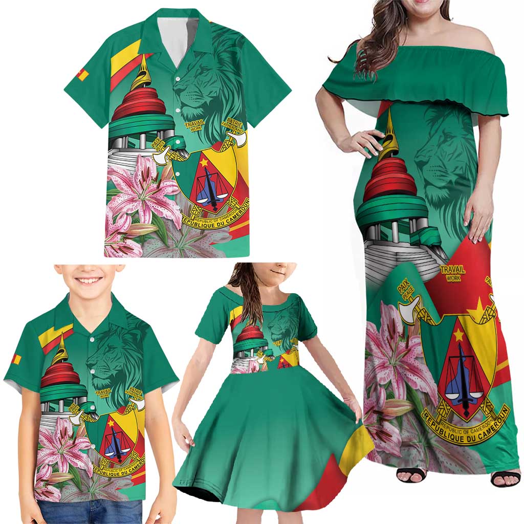 Cameroon National Day Family Matching Off Shoulder Maxi Dress and Hawaiian Shirt Cameroun Reunification Monument Lily Flowers
