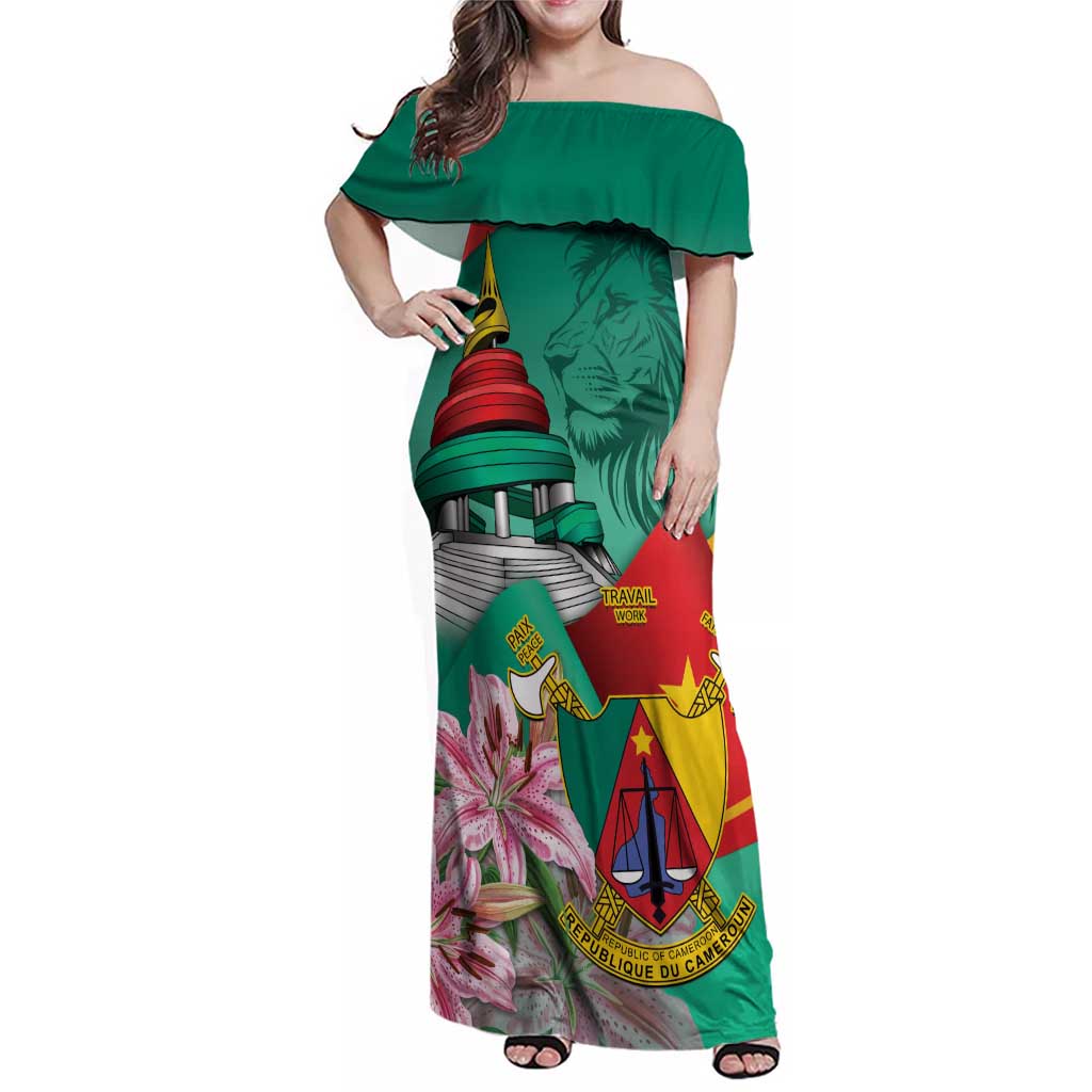 Cameroon National Day Family Matching Off Shoulder Maxi Dress and Hawaiian Shirt Cameroun Reunification Monument Lily Flowers