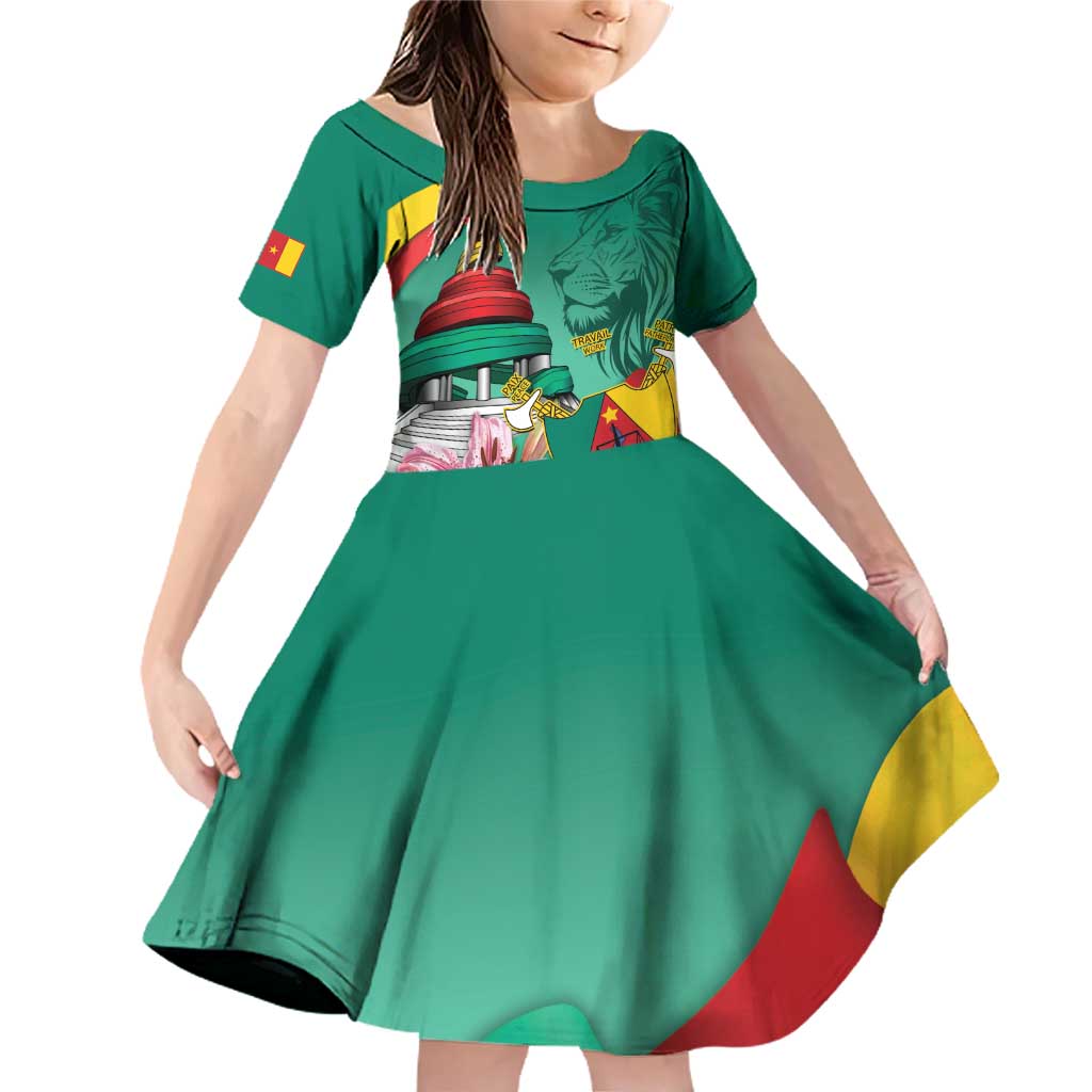Cameroon National Day Family Matching Off Shoulder Short Dress and Hawaiian Shirt Cameroun Reunification Monument Lily Flowers