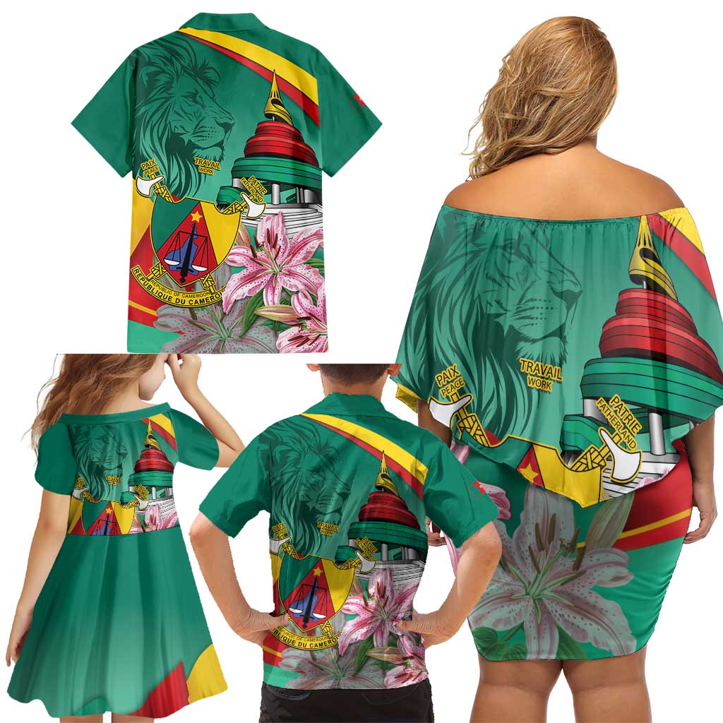 Cameroon National Day Family Matching Off Shoulder Short Dress and Hawaiian Shirt Cameroun Reunification Monument Lily Flowers
