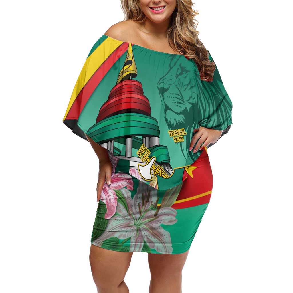 Cameroon National Day Family Matching Off Shoulder Short Dress and Hawaiian Shirt Cameroun Reunification Monument Lily Flowers
