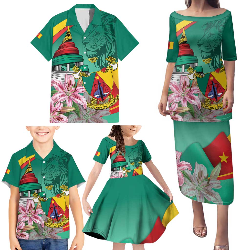 Cameroon National Day Family Matching Puletasi and Hawaiian Shirt Cameroun Reunification Monument Lily Flowers