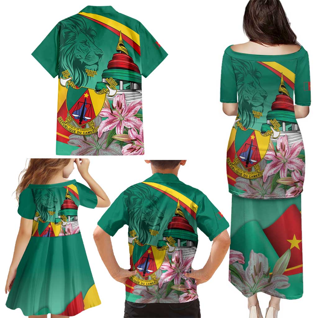 Cameroon National Day Family Matching Puletasi and Hawaiian Shirt Cameroun Reunification Monument Lily Flowers