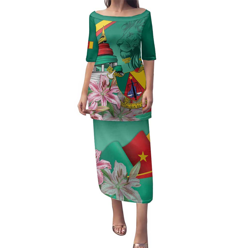 Cameroon National Day Family Matching Puletasi and Hawaiian Shirt Cameroun Reunification Monument Lily Flowers