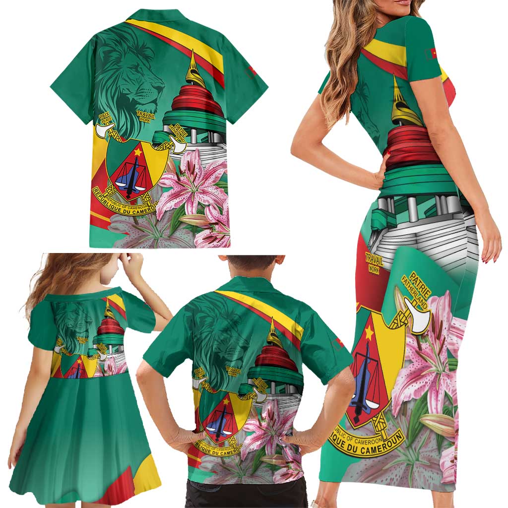 Cameroon National Day Family Matching Short Sleeve Bodycon Dress and Hawaiian Shirt Cameroun Reunification Monument Lily Flowers
