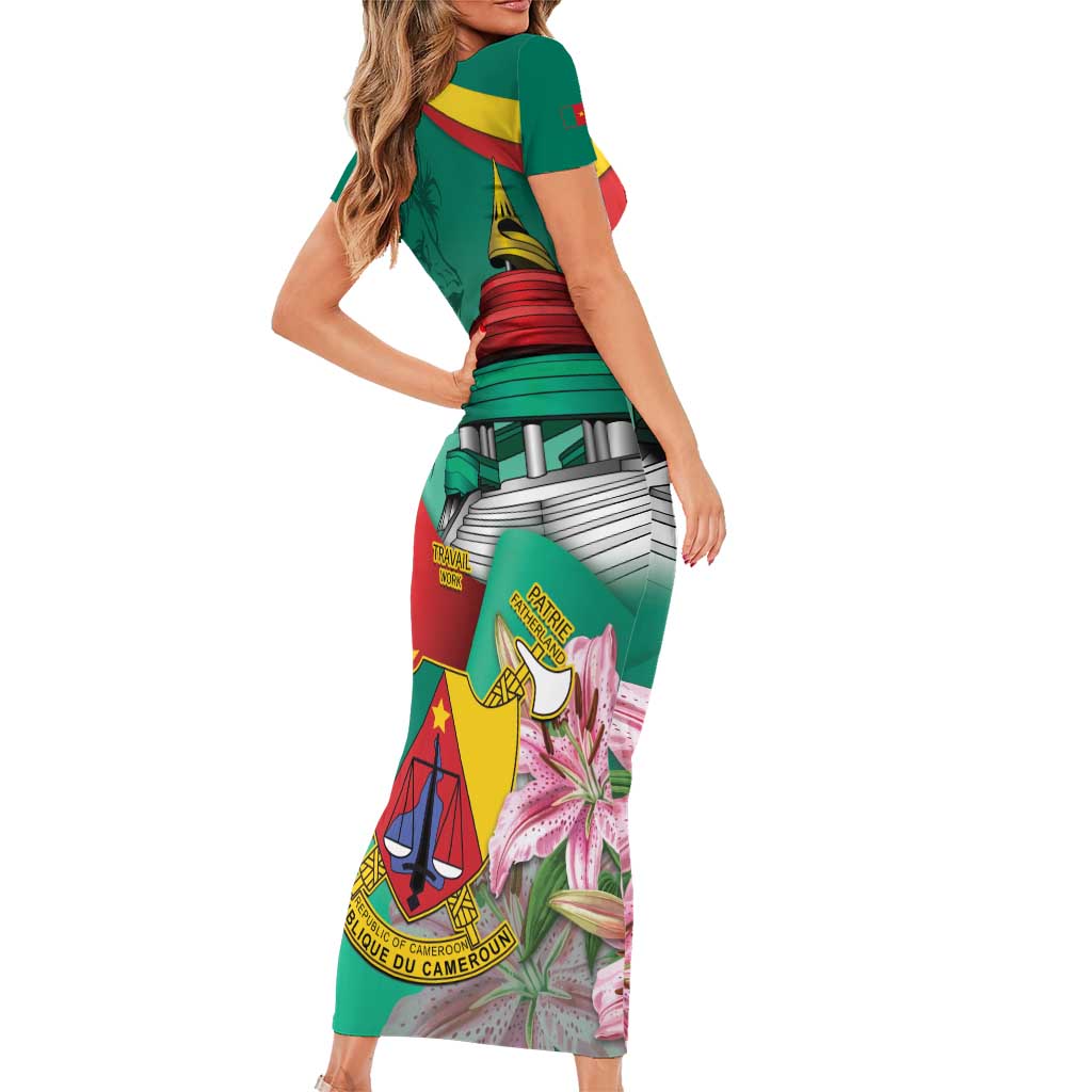 Cameroon National Day Family Matching Short Sleeve Bodycon Dress and Hawaiian Shirt Cameroun Reunification Monument Lily Flowers