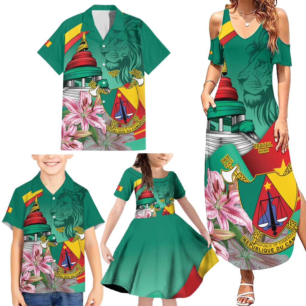 Cameroon National Day Family Matching Summer Maxi Dress and Hawaiian Shirt Cameroun Reunification Monument Lily Flowers