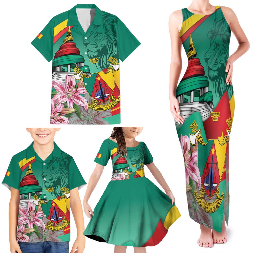 Cameroon National Day Family Matching Tank Maxi Dress and Hawaiian Shirt Cameroun Reunification Monument Lily Flowers