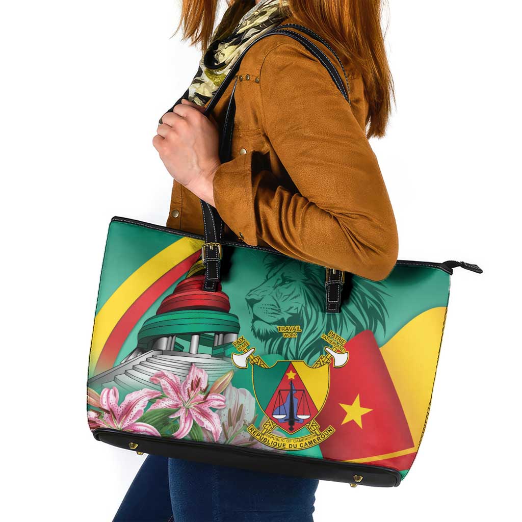 Cameroon National Day Leather Tote Bag Cameroun Reunification Monument Lily Flowers