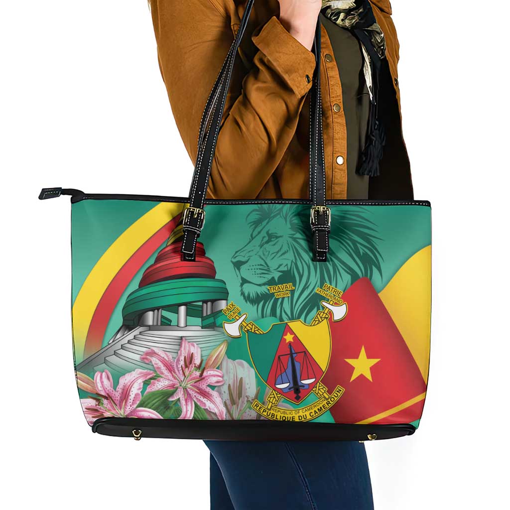Cameroon National Day Leather Tote Bag Cameroun Reunification Monument Lily Flowers