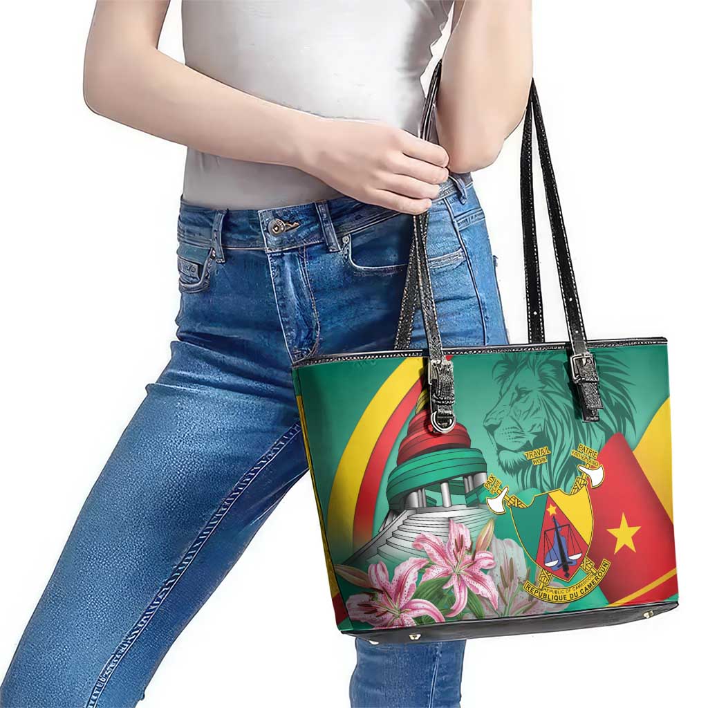 Cameroon National Day Leather Tote Bag Cameroun Reunification Monument Lily Flowers