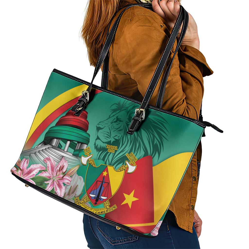 Cameroon National Day Leather Tote Bag Cameroun Reunification Monument Lily Flowers