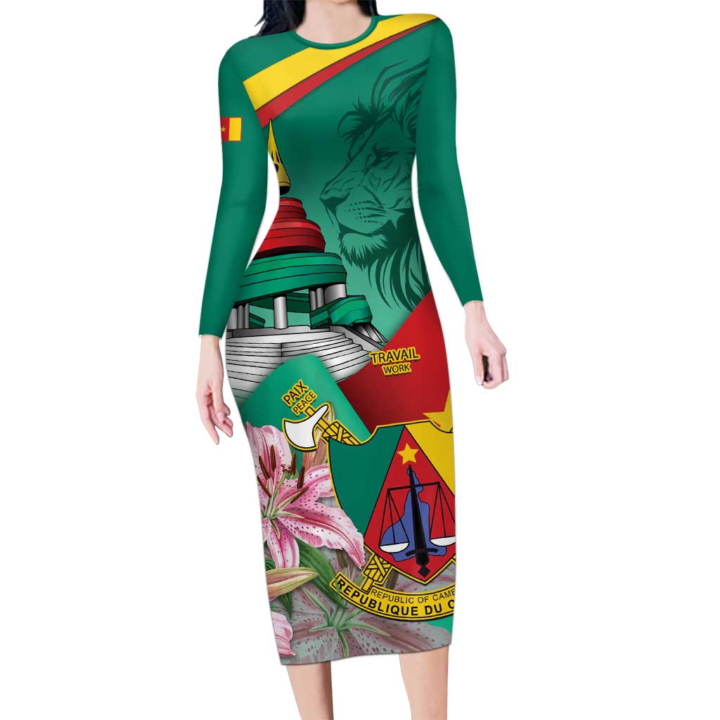 Cameroon National Day Long Sleeve Bodycon Dress Cameroun Reunification Monument Lily Flowers