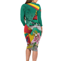 Cameroon National Day Long Sleeve Bodycon Dress Cameroun Reunification Monument Lily Flowers